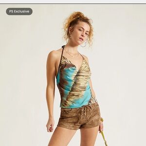 PacSun Turquoise Brown Tie-Dye Halter Cowl Top